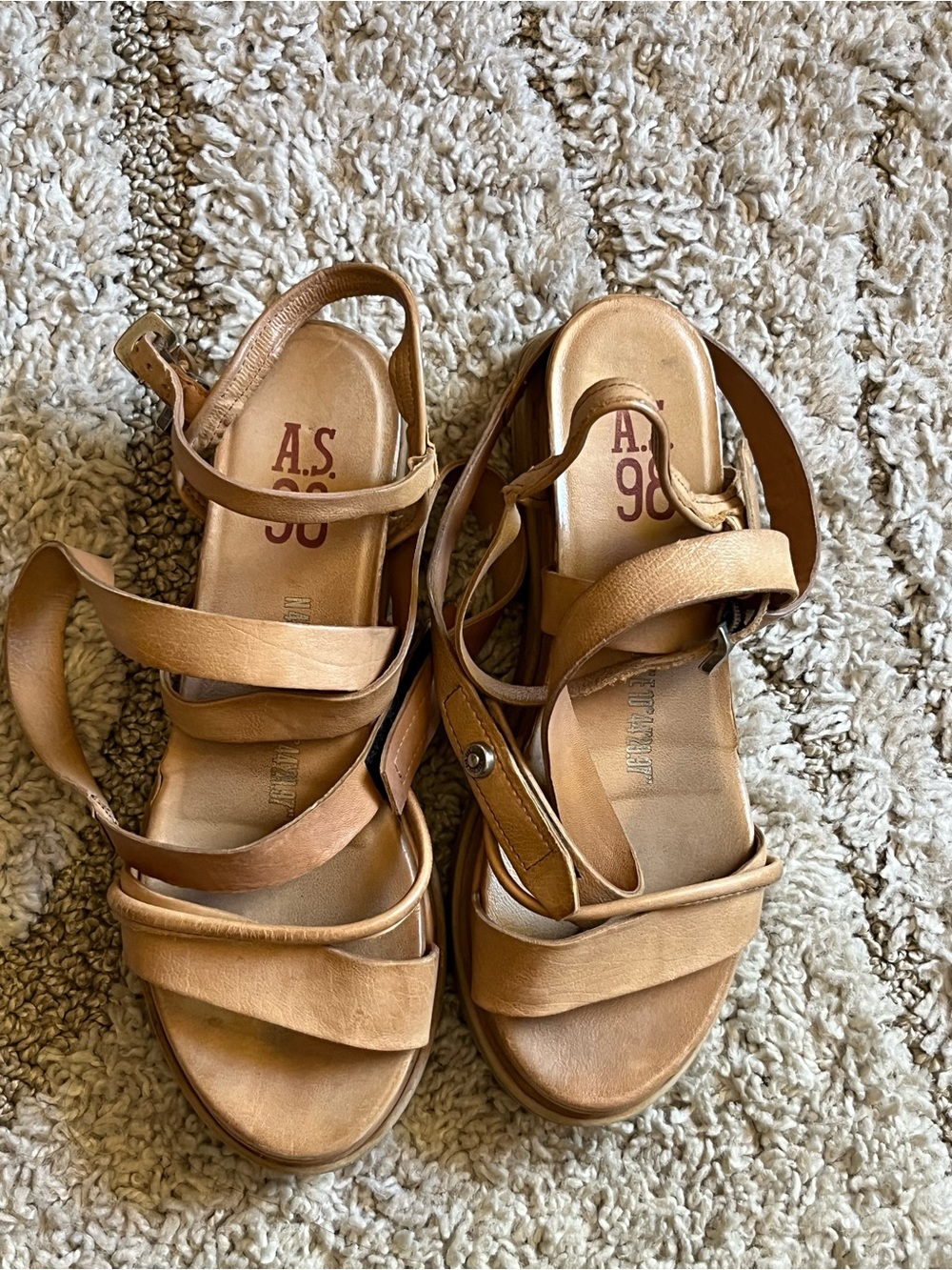 A.S.98 Women's Light Brown Leather Strappy Wedge Sandals